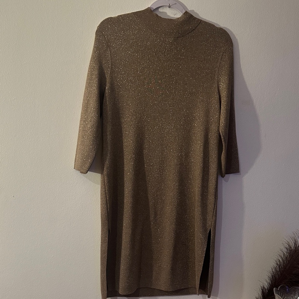 Gold Metallic Midi Dress with Zip Collar- Like New. Excellent condition